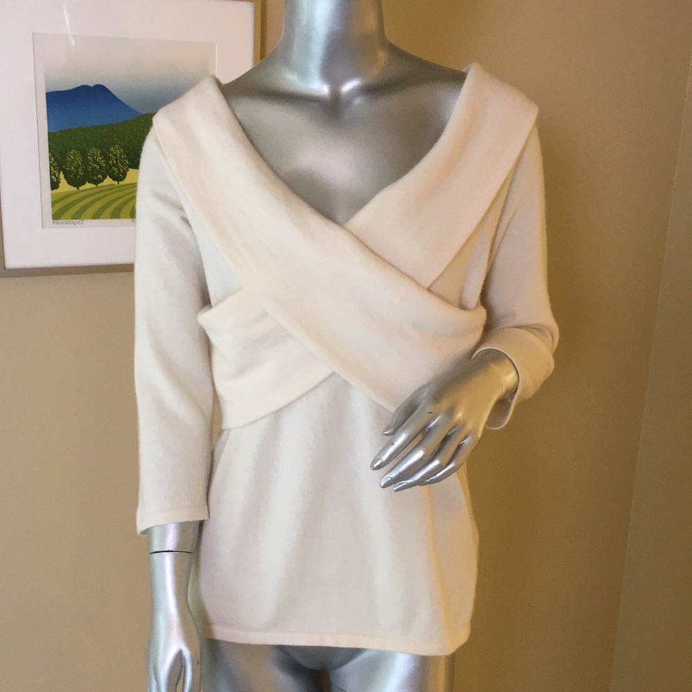 RALPH LAUREN BLACK LABEL | Cashmere Wrap Front Twist Off The Shoulder Sweater